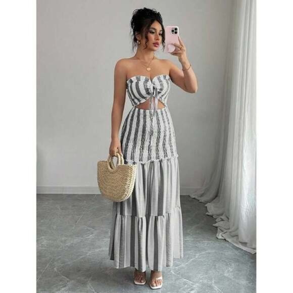 Dresses & Skirts - 2025 Summer New Arrival Wrap Bust Elegant Blue & White Striped Sexy